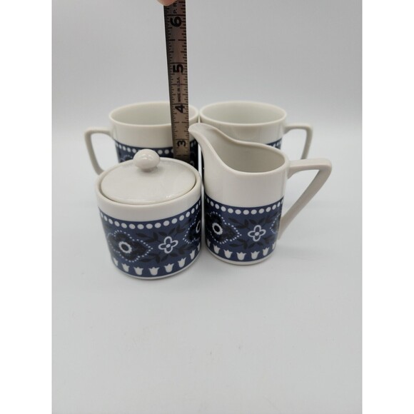 Vintage Coffee Or Tea Set Navy Paisley 2 Cups, Cream & Sugar Porcelain - Picture 5 of 12